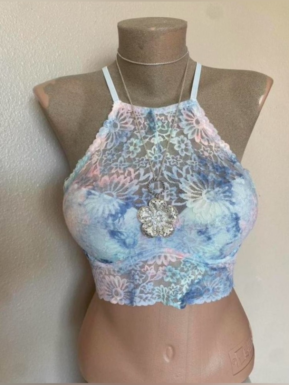Victoria’s Secret PINK Lace Blue Purple & Pink Halter Bralette Push Up Padding
